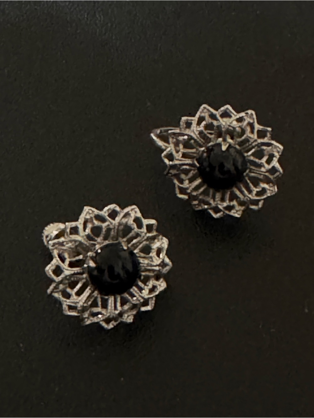 Silver-Tone Filigree Screw Back Earrings with Black Center. Vintage